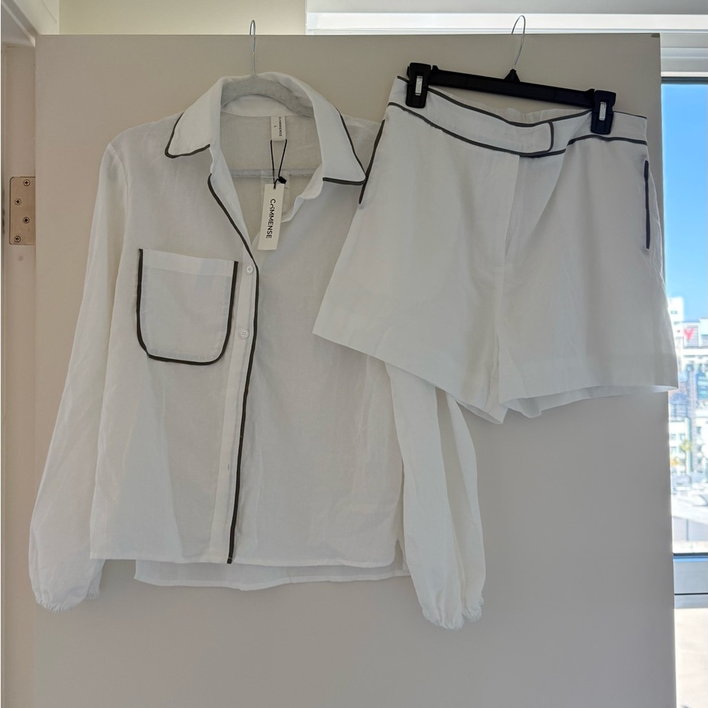Cotton & Linen Contrast Trim Two Piece Shorts Set